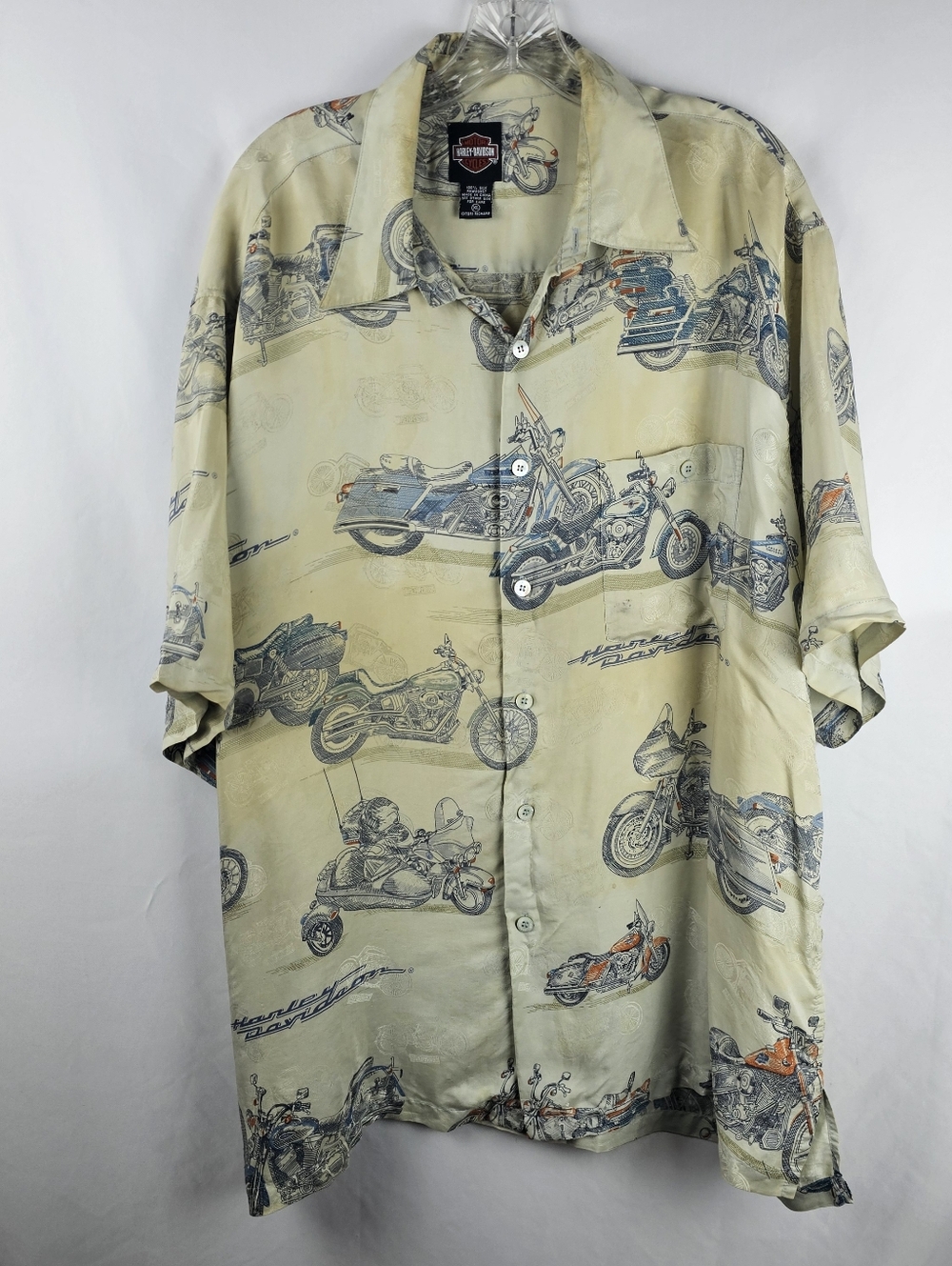 Vtg Harley Davidson Hawaiian Motorcycle Print Shirt Men's XL 100% Silk Biker